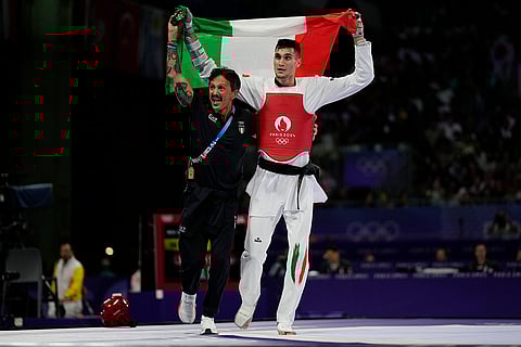 Men's 80kg Taekwondo: Italy's Simone Alessio celebrates winning silver medal